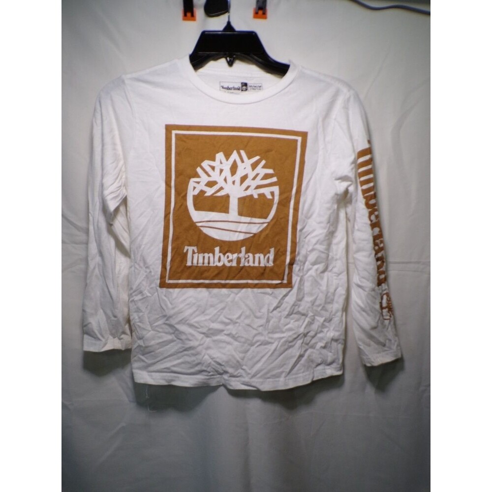 Timberland Boys Long Sleeve Logo T-Shirt White Brown Graphic Size 10-12